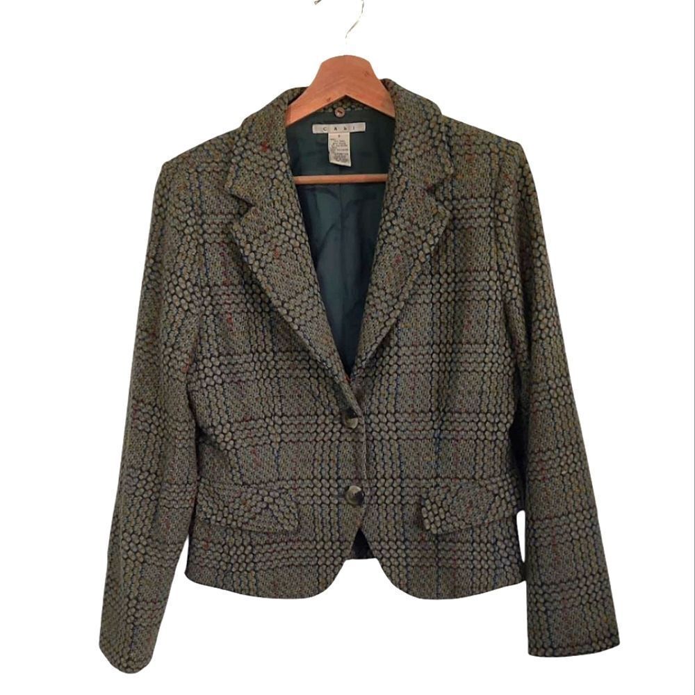 CAbi Green Gray Plaid Classic Blazer Suit jacket Size 8